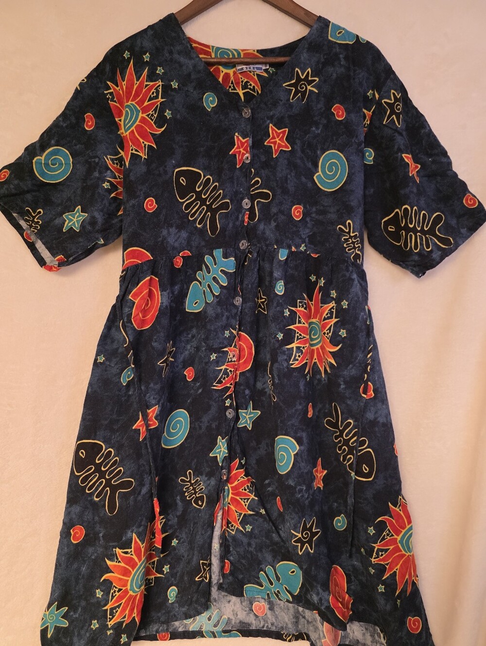 Navy Sun & Fish Button-Front Maxi Dress with Bright Print Short Sleeve Size 3XL